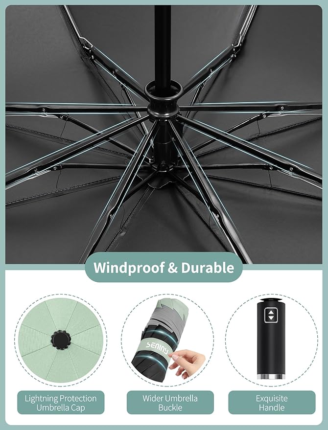 Seniny Inverted Travel Umbrella Compact - Windproof Umbrellas for Rain with Reflective Strip, Large UV Umbrella for Sun Protection, Automatic Portable Umbrellas Fold in Reverse for Car, Backpack