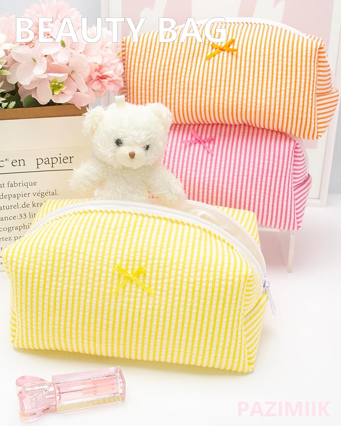 PAZIMIIK 6PCS Cozy Makeup Bag Small Aesthetic Travel Zipper Cosmetic Pouch for Women Make Up Beauty Accessories Brushes, Stripe Yellow