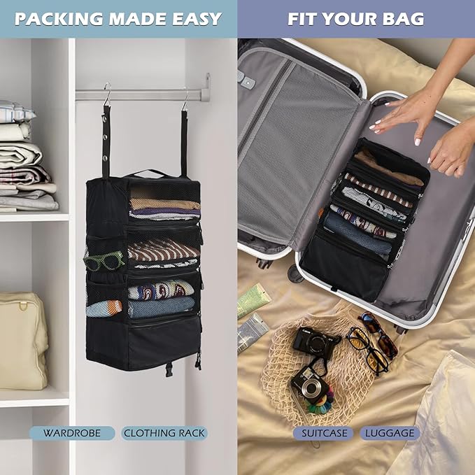 Surblue Travel Hanging Luggage Organizer Portable Suitcase Closet Organizer Multiple Compartments Collapsible Compression Packing Cubes Shelf, Black, S