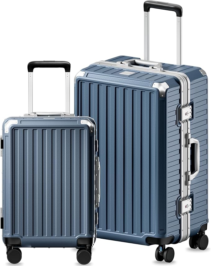 Luggage Sets with Spinner Wheels, 8010S Aluminum Frame Zipperless Polycarbonate Hard Shell Suitcase Sets (ZX-Core, Blue, 2 Piece (20/28))