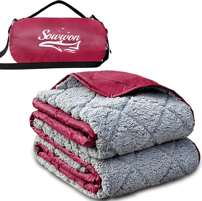 Waterproof Outdoor Blanket 82”X 55” Packable, Stadium Blankets for Camping with Sherpa Fleece Lining, Large Windproof Emergency Throw Mat for Garss Picnic Hiking Road Trip, Machine Washable, Wine