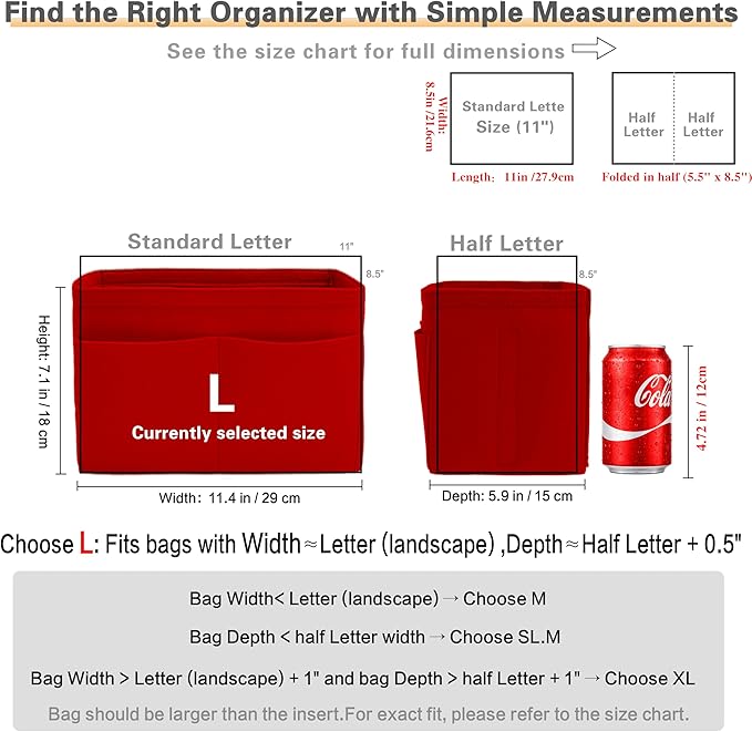 Purse Organizer Insert, Handbag Organizer with Zipper, Tote Shaper with Cup Holder & Keychain, Compatible with LV, Neverfull, MK, COACH, Longchamp, Kate Spade – Red-Lg
