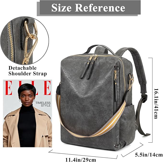 myfriday PU Leather Large Backpack Purse for Women Casual Travel Backpack Convertible Satchel Handbags With Luggage Strap (Grey)