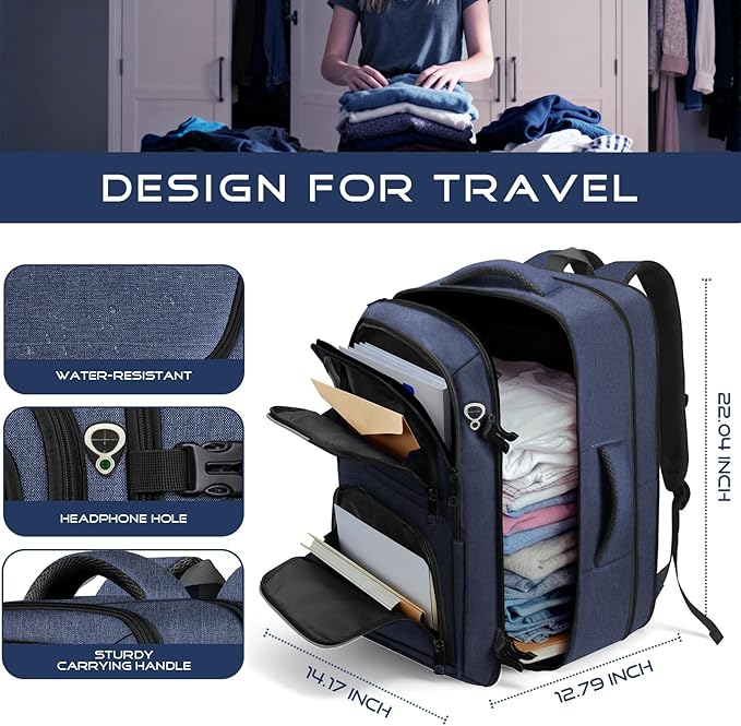 Travel Backpack, Extra Large Carry on Backpack, TSA 18.4 inch Laptop Bags Flight Approved, Lightweight Waterproof Business Luggage Bag, Gifts for Women, Blue