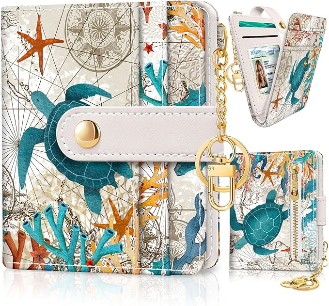 Jogjam Sea Turtle Rfid Women Wallet, Small Slim Thin Credit Card Wallet, PU Leather Bifold Cash Zipper Coin Pocket ID Window for Female Ladies Teen Girls Girly