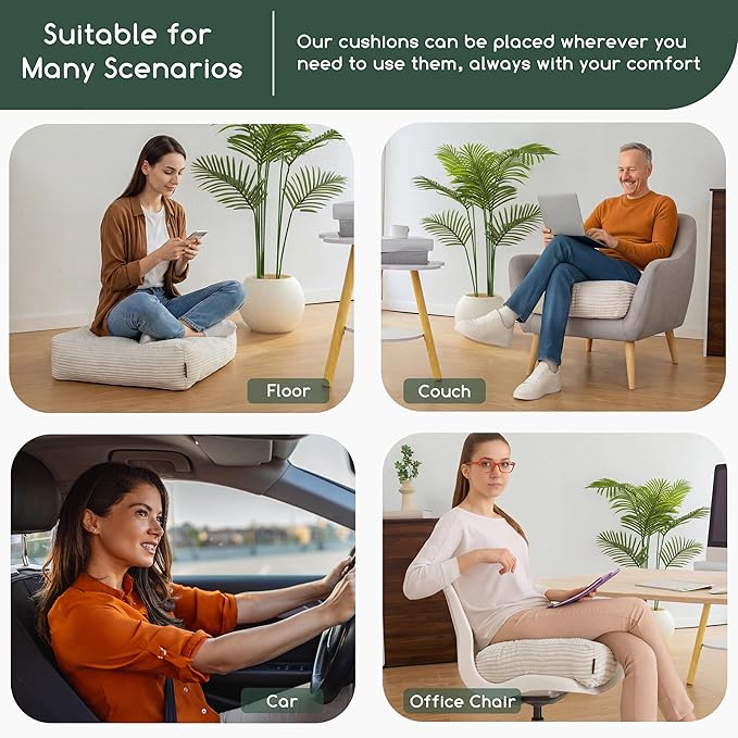 HIGOGOGO Tufted Corduroy Recliner Seat Cushion for Elderly, 20x20x6 Inch Extra Large Square Seat Cushion for Recliner Chair, Floor Pillow, Office Chair, Car, No Pressure on Thighs, Beige