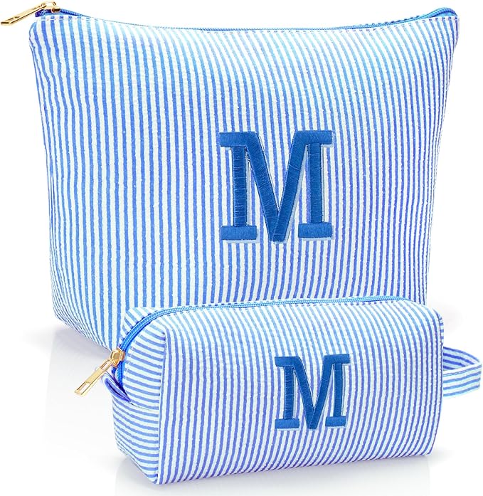 Personalized Initial Makeup Bag,Toiletry Travel Cosmetic Bag,Trendy Stuff for Teen Girls and Women,Holiday & Birthday Gift,2 Pack (M, Blue)