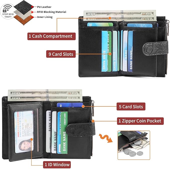 GAEKEAO Womens Wallet Small Vegan Leather RFID Blocking Bifold Zipper Pocket Wallet Card Case Purse with ID Window