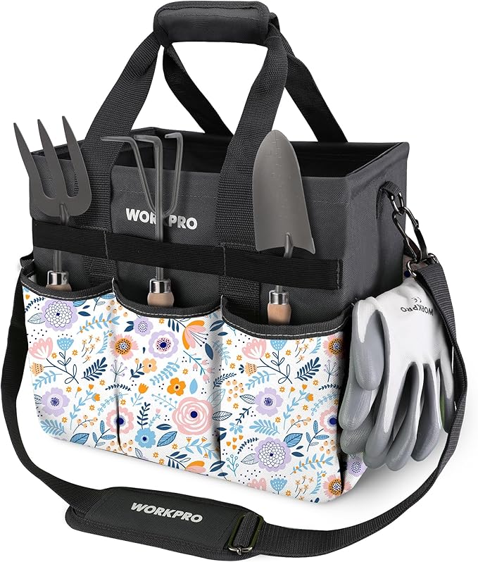 WORKPRO Garden Tool Bag, Heavy-Duty Gardening Tote Bag with 10 Pockets, Stand-Up Wide Mouth Tool Organizer, Adjustable Shoulder Strap, Large Capacity Storage – Floral White (Tools are not Included)