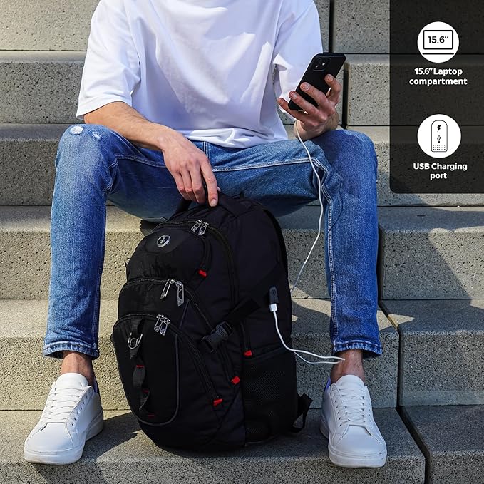 Swissdigital Design Travel Backpack for Men with Apple Find My, Laptop Backpack with USB Charging Port, RFID Protection, Add-A-Bag System - Travel Backpack for Men-Finder Color Random | SD803BT013-01