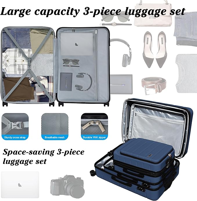 SmileLine 3-Piece Luggage Set Lightweight Hardside Suitcase TSA Lock Spinner Wheels, 20" Expandable Carry-On Luggage with Quick Access Front Open Pocket, Bonus Makeup Bag, Navy Blue