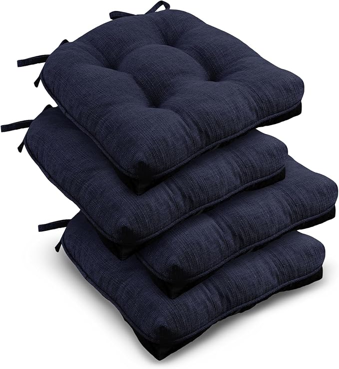 downluxe Indoor Chair Cushions for Dining Chairs, Tufted Overstuffed Textured Foam Kitchen Chair Pads with Ties and Non-Slip Backing, 15.5" x 15.5" x 4", Navy, 4 Pack