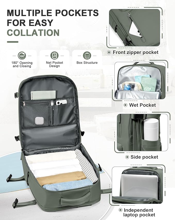 VGCUB Travel Backpack for Women Men for Spirit Airlines Personal Item Bag 18x14x8 Inches Laptop College Backpack,Waterproof Carry on Flight Approved Work Backpack,Large Army green