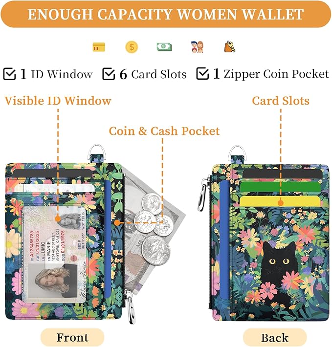 Hancynir Flower Black Cat Floral Slim Wallet Women Credit Card Holder Small Cute RFID Blocking Front Pocket Wallet Wristlet Keychain Lanyard Card Case Thin Travel Zipper Coin PU Leather Ladies Gifts