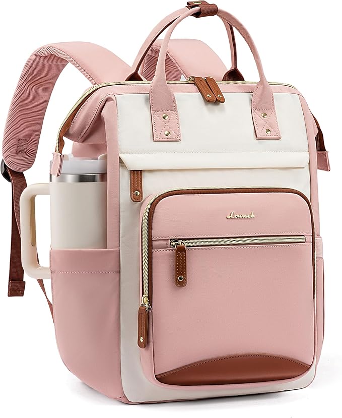 LOVEVOOK Laptop Backpack for Women Work Bag with Large Capacity Cup Side Pocket, 15.6 Inch Waterproof Computer Backpacks (Pink, 15.6INCH)