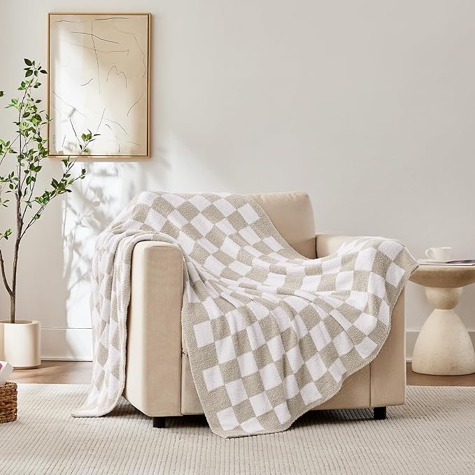 Checkered Throw Blanket, Taupe Soft Cozy Fluffy Knitted Throw Blankets for Couch, Sofa, Bed, Chair, Warm Fuzzy Travel Picnic Lightweight Plaid Blanket, 60x80 inches