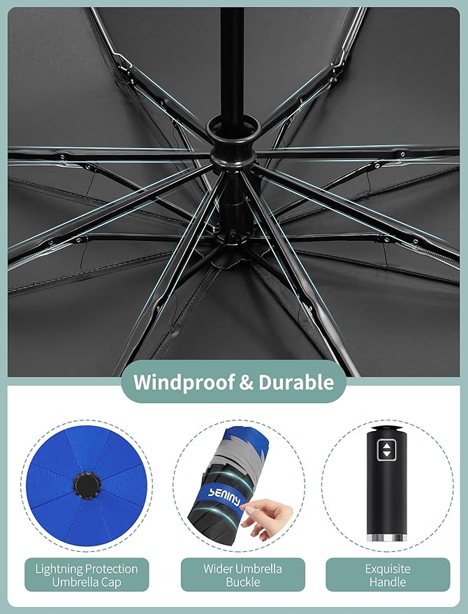 Seniny Inverted Travel Umbrella Compact - Windproof Umbrellas for Rain with Reflective Strip, Large UV Umbrella for Sun Protection, Automatic Portable Umbrellas Fold in Reverse for Car, Backpack