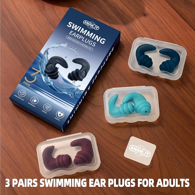 Swimming Ear Plugs for Adults – 3 Pairs Reusable Waterproof Silicone Earplugs, Soft & Comfortable Swim Ear Protection for Surfing, Diving, Pool, Showering & Water Sports