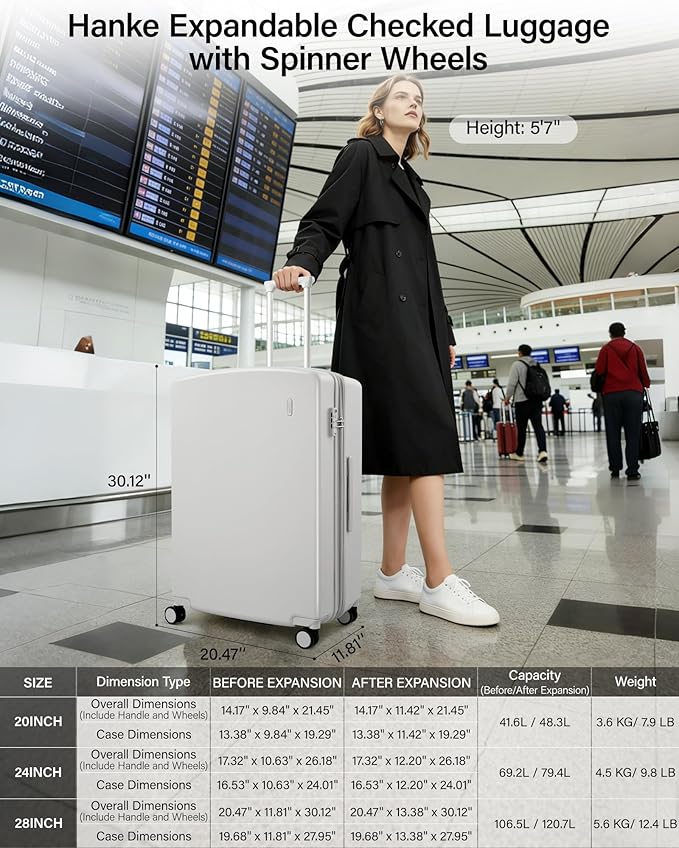 Hanke Expandable Hard Shell Luggage Sets 3 Pieces, 20/24 / 28 Inch Luggage Sets with Spinner Wheels, Durable PC Hardside Rolling Suitcase with TSA Lock for Travel (20/24/28 Inch, Smoke White)