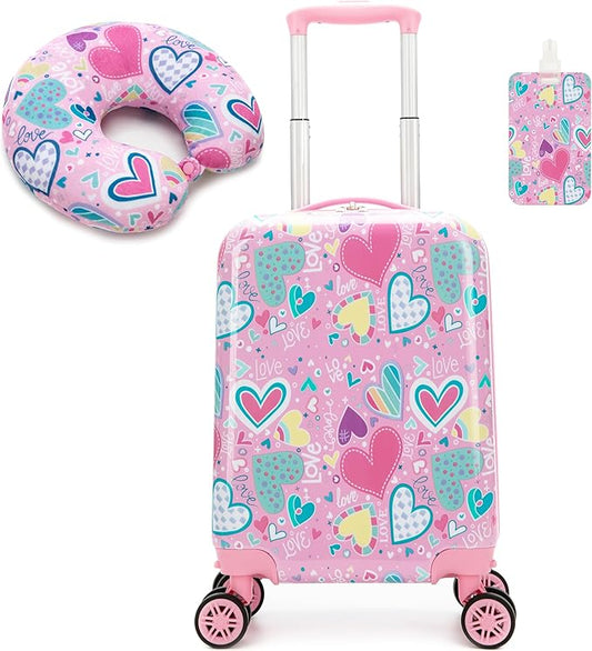 Kid's Luggage Set 16inch 2 Piece Suitcase Set Hardside Luggage with Spinner Wheels Girls Carry on Toddler Travel Rolling Suitcase with Neck Pillow Airline Approved
