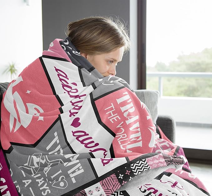Unique Travel Gifts for Women/Girls, Cute Travel Accessories/Essentials for Vacation, Best World Traveler Favor, Presents for People Who Love Traveling Blanket 60x50inches