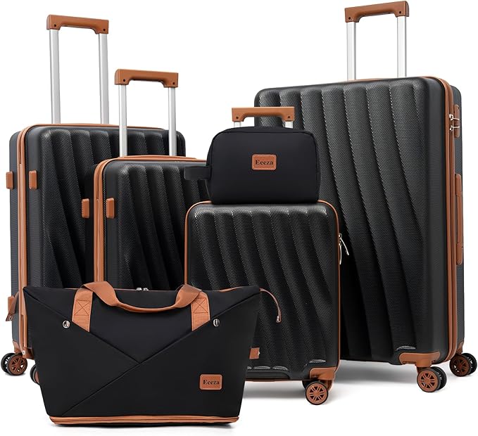 Luggage Sets 6 Piece Carry on Suitcases with Spinner Wheels ABS Hardshell Lightweight Durable Travel Luggage with Combination Lock (Black, 6 Piece Set 16"/20"/24"/28")