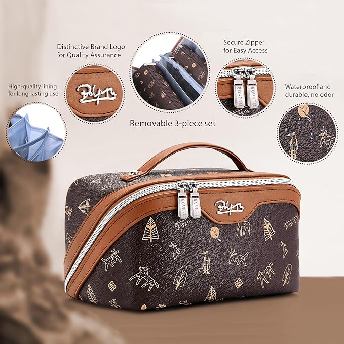 BOYATU Travel Makeup Bag Cosmetic Bags for Women: 3 Pcs Set Portable Make up Bag with Handle - PU Leather Toiletry Bags with Compartments - Makeup Organizer for Travel Essentials(L-1-Brown)