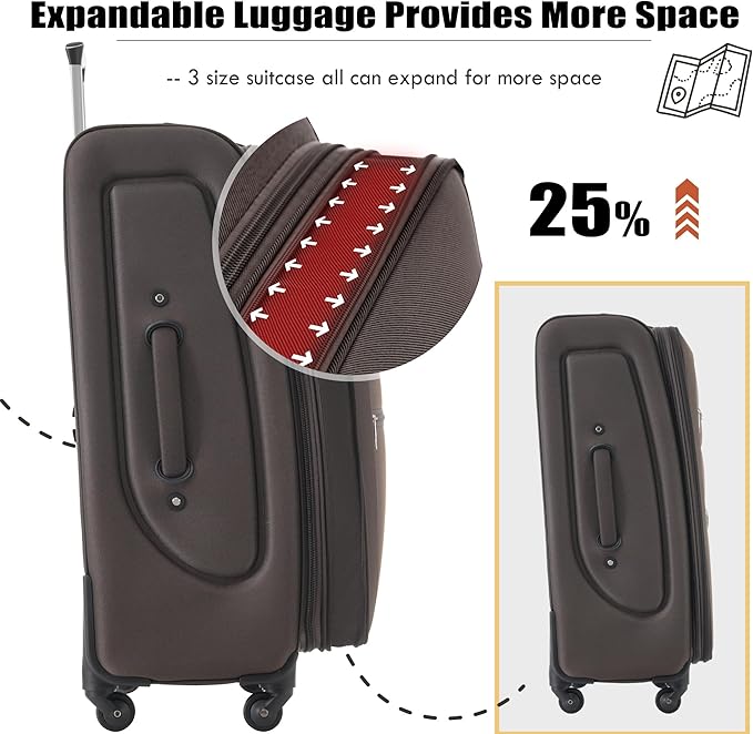 Brown 5 Piece Softside Luggage Sets, Expandable Lightweight Suitcase Sets Double Softshell Spinner Wheels Travel Luggage Set for Women and Men