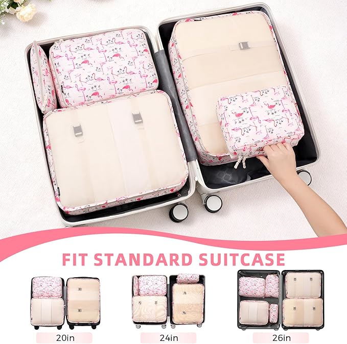 BAGAIL 8 Set Packing Cubes Luggage Packing Organizers for Travel Accessories-Pink Flamingo
