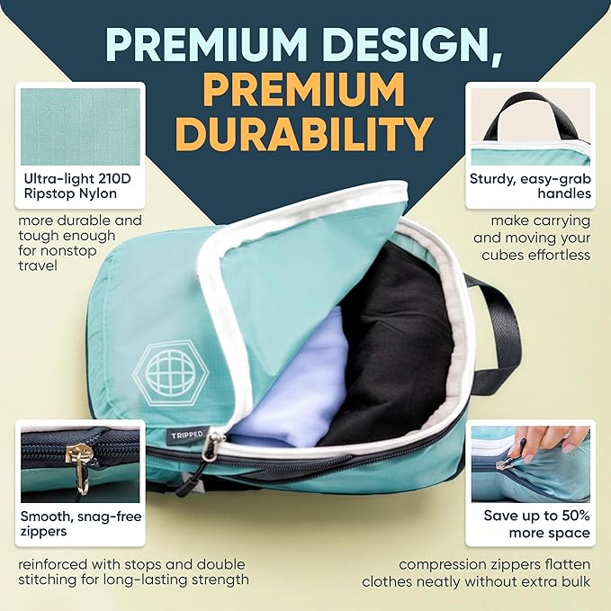 Large Compression Packing Cubes for Travel-Packing Cube Luggage Organizers 7 Piece Set for Checked Luggage-Ultralight, Expandable/Compression Bags by TRIPPED Travel Gear (DustyTeal/White)
