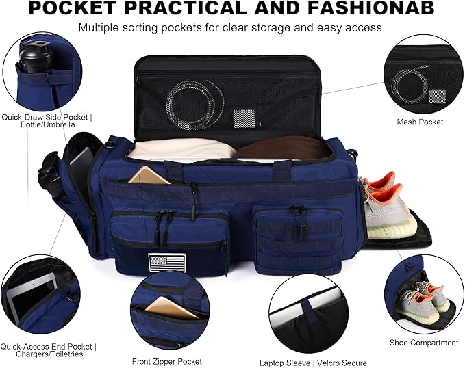 LHI 50L Tactical Duffle Bag for Men, 3-in-1 Gym Duffle and Backpack, Shoe Compartment, Laptop Sleeve and MOLLE, Carry-On Travel Weekender and Overnight Bag – Blue