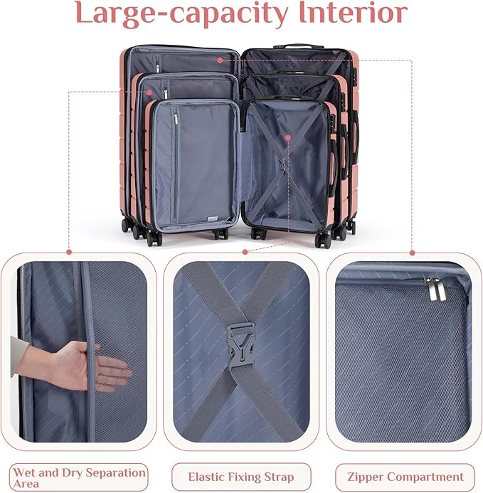 OLIXIS 3-Piece Suitcase Set, Hardside Luggages with Spinner Wheels, Lightweight ABS Hard Shell Travel Luggage, Expandable Carry-On Suitcase with TSA Approved Lock –Pink(20+24+28 Inch)