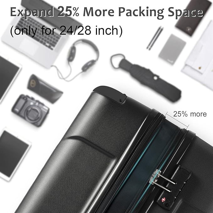 24 Inch Checked-Large Luggage, Lightweight ABS Hard Shell Suitcase with Spinner Wheels, Expandable Travel Luggage with Combination Lock & Side Hooks for Men Women, Black