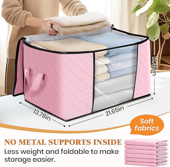Fab totes 10 Pack Clothes Storage, Foldable Thick Fabric Blanket Storage Bags, Containers for Organizing Bedroom, Closet, Clothing, Comforter, Organization with Handle,Pink