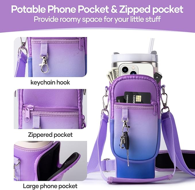 linmaya Water Bottle Carrier Bag for Stanley Cup 40/30oz with Phone Holder Pockets,Neoprene Water Bottle Cross-body Bag with Adjustable Shoulder & Hand Strap Stanley Cup Accessories