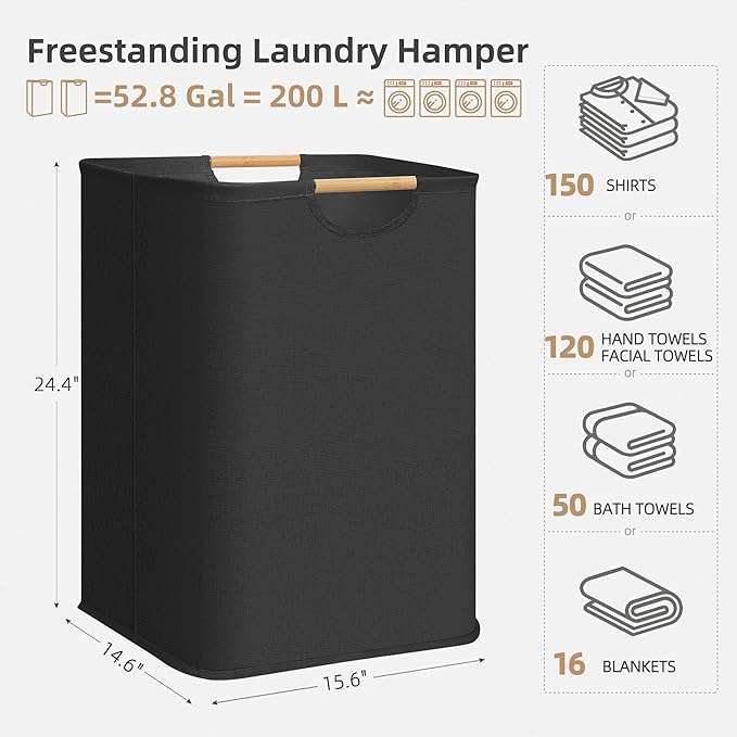 STORAGE MANIAC 2-Pack Large Laundry Hamper, 100L (26.4 Gal) Collapsible Laundry Basket with Bamboo Handles, Freestanding Waterproof Clothes Hamper for Bedroom, Dorm, Towels, Toys, Black+White