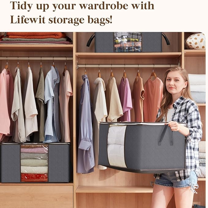 Lifewit 15 Pack 90L Clothes Storage Bins with Lids, Foldable Blanket Storage Bags with Zippers, Clear Window and Reinforced Handles, Closet and Organization for Clothing, Sweater, Comforter, Bedding