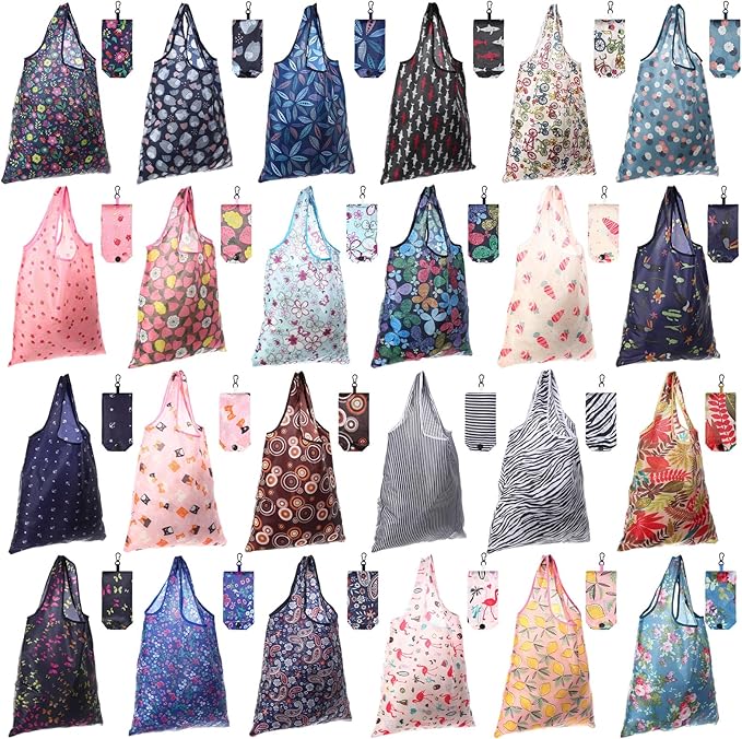 Paterr 24 Pcs Foldable Reusable Shopping Bag Recycle Travel Grocery Bag Fold to Pocket Tote Bulk for Daily Supplies Load
