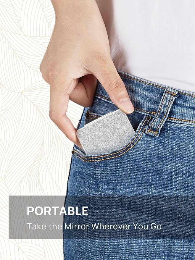 OMIRO Compact Mirror, Glitter PU Leather 1X/3X Magnification, Ultra Portable for Purses, 2.4" W x 3.4" L (Silver)