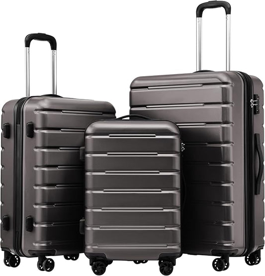Coolife Luggage 3 Piece Set Suitcase Spinner ABS+PC Hardshell Lightweight TSA Lock USB Port, 20in 24in 28in Carry on Expandable (only 28’’), Gray