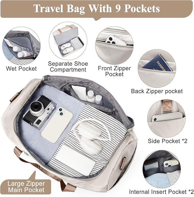 Travel Duffel Bag for Women, Carry-on Overnight Weekender Bags with Wet Pocket & Toiletry Bag, For Spirit Airlines 18x14x8 Personal Item Bag,Small,Beige & Brown