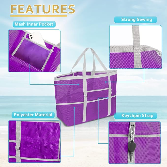 SRISE Mesh Beach Bag - Large Beach Tote Bag for Family Beach Bag for Toys & Vacation Essentials