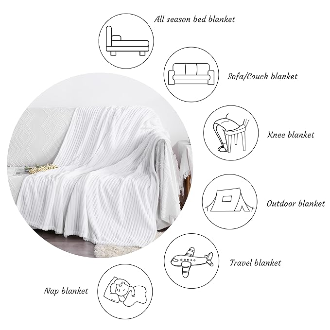 NTBAY Plush Flannel Twin Bed Blanket, 60X80 Inches Soft and Warm Lightweight Blanket with Striped Texture Bed Blanket for Couch Sofa Bed All Seasons, 60"x80", White