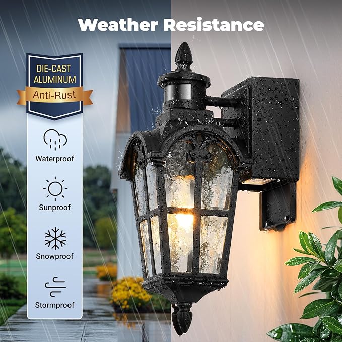 Black Outdoor Patio Lights with GFCI Outlet 2-Pack, Upgraded Motion Sensor Outside Lighting with Water Ripple Glass, Dawn to Dusk Outdoor Light Fixture for House, Garage, Garden, Waterproof
