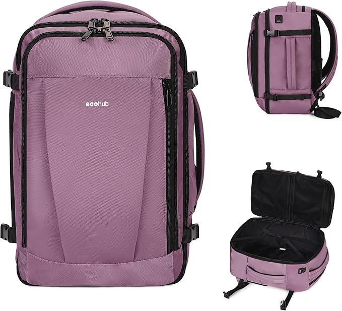 ECOHUB Travel Backpack 18x14x8 Spirit Airlines Personal Item Bag Carry On Backpack 13 Pockets Large Work Casual Daypack for men Airline Approved Waterproof Gym Backpacks with Charging Port, Pink