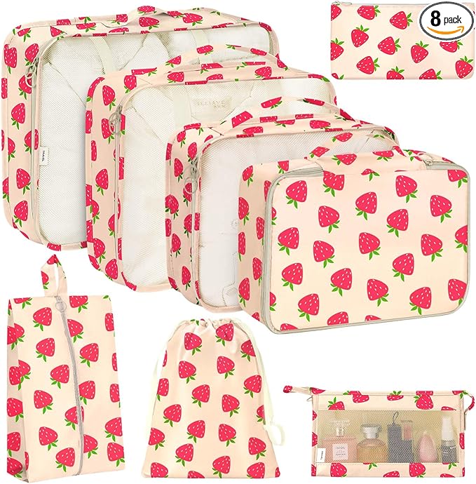KPX 8 Set Packing Cubes for Travel, Luggage Packing Organizers Accessories Large Toiletries Bag for Clothes Shoes Cosmetics (Strawberry)