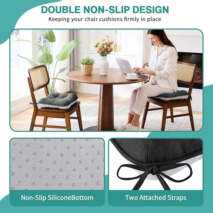 BETU Black Chair Cushions for Dining Chairs Set of 2,3.5" Thick Kitchen Table Chair Pads with Ties,Non Slip Backing and Covers,Seat Cushion for Dining Room,Bar,Patio Chairs,16"X16"X3.5",Black