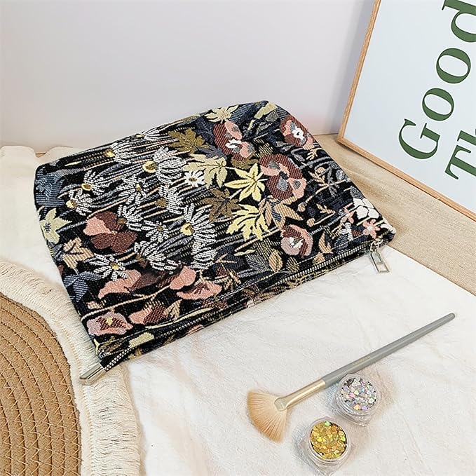 HAPPYHEIDI Cute Floral Makeup Bag Cosmetic Travel Pouch with Bottom and Zipper, Purse Make Up Organizer, Aesthetic Textured Fabric, Large