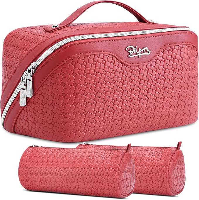 BOYATU Travel Makeup Bag Cosmetic Bags for Women: Large Capacity 3 Pcs Set Make up Bag with Compartments - Waterproof Vegan Leather Toiletry Organizer Bags with Handle (L54Rose)