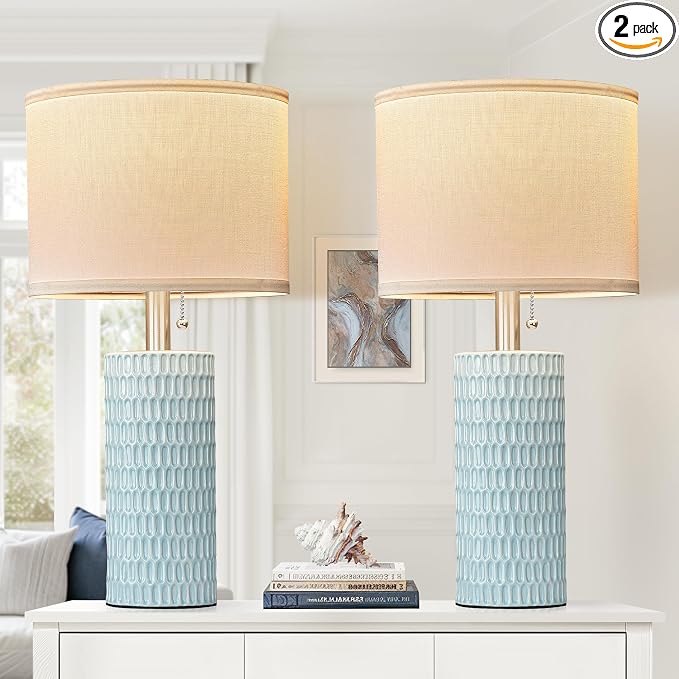 Reaketon Table Lamps for Living Room Set of 2, Ceramic Table Lamps for Bedroom, 20" Modern Lamps for Night Stands, Blue